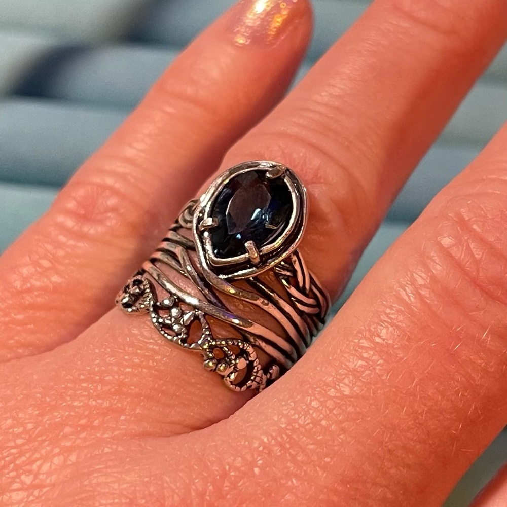 Or Paz Blue Topaz Teardrop Look Stack Silver Ring